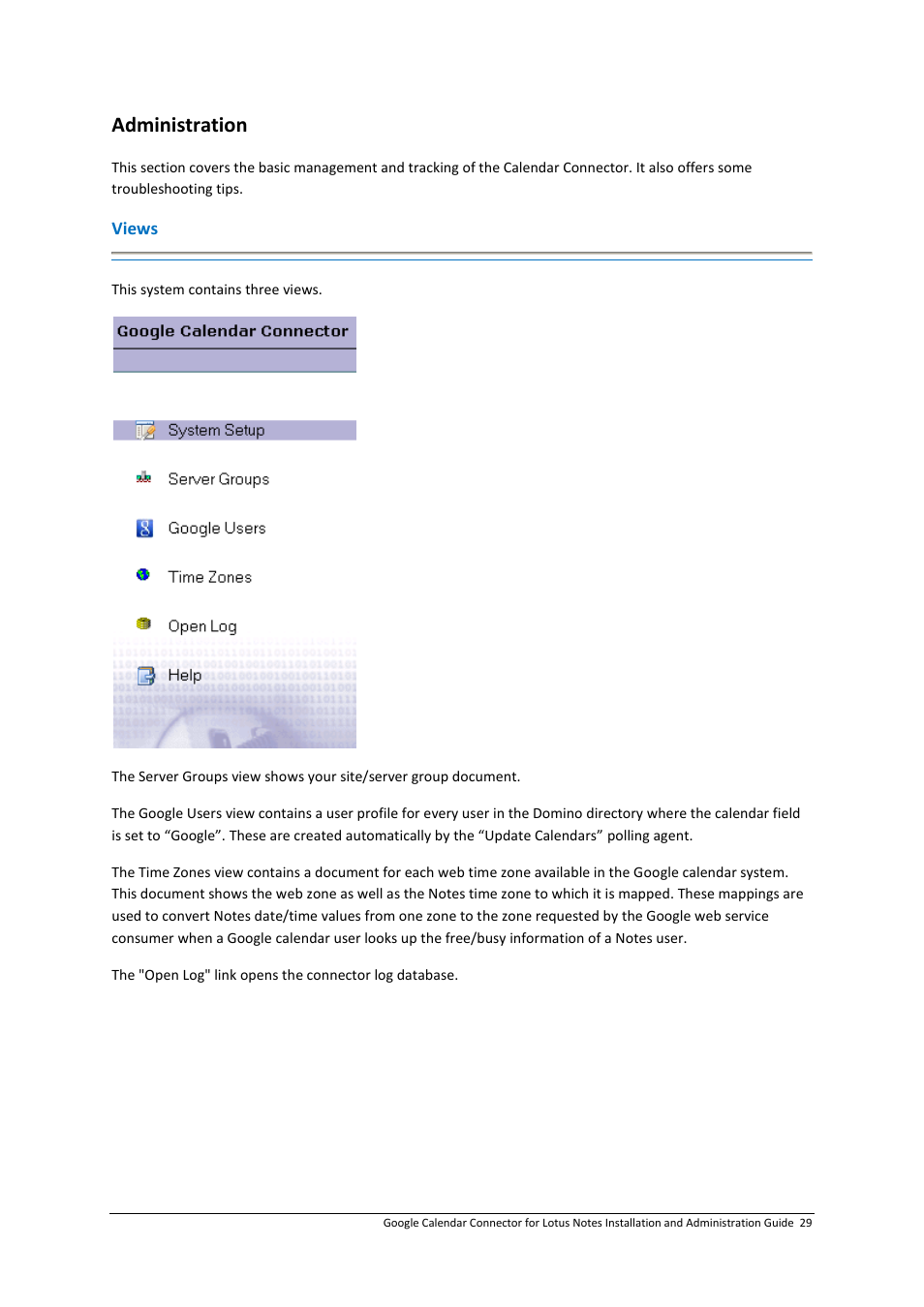 Administration, Views | Google Calendar Connector for Lotus Notes Installation & Administration Guide User Manual | Page 29 / 33