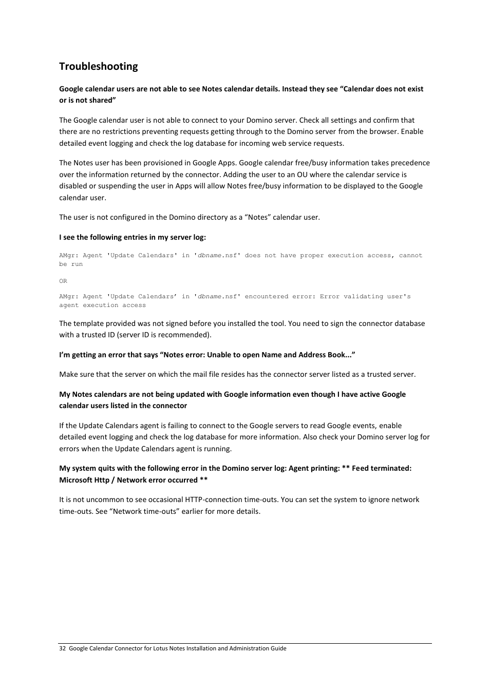 Troubleshooting | Google Calendar Connector for Lotus Notes Installation & Administration Guide User Manual | Page 32 / 33