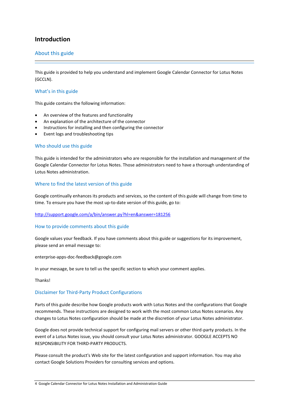 Introduction, About this guide | Google Calendar Connector for Lotus Notes Installation & Administration Guide User Manual | Page 4 / 33