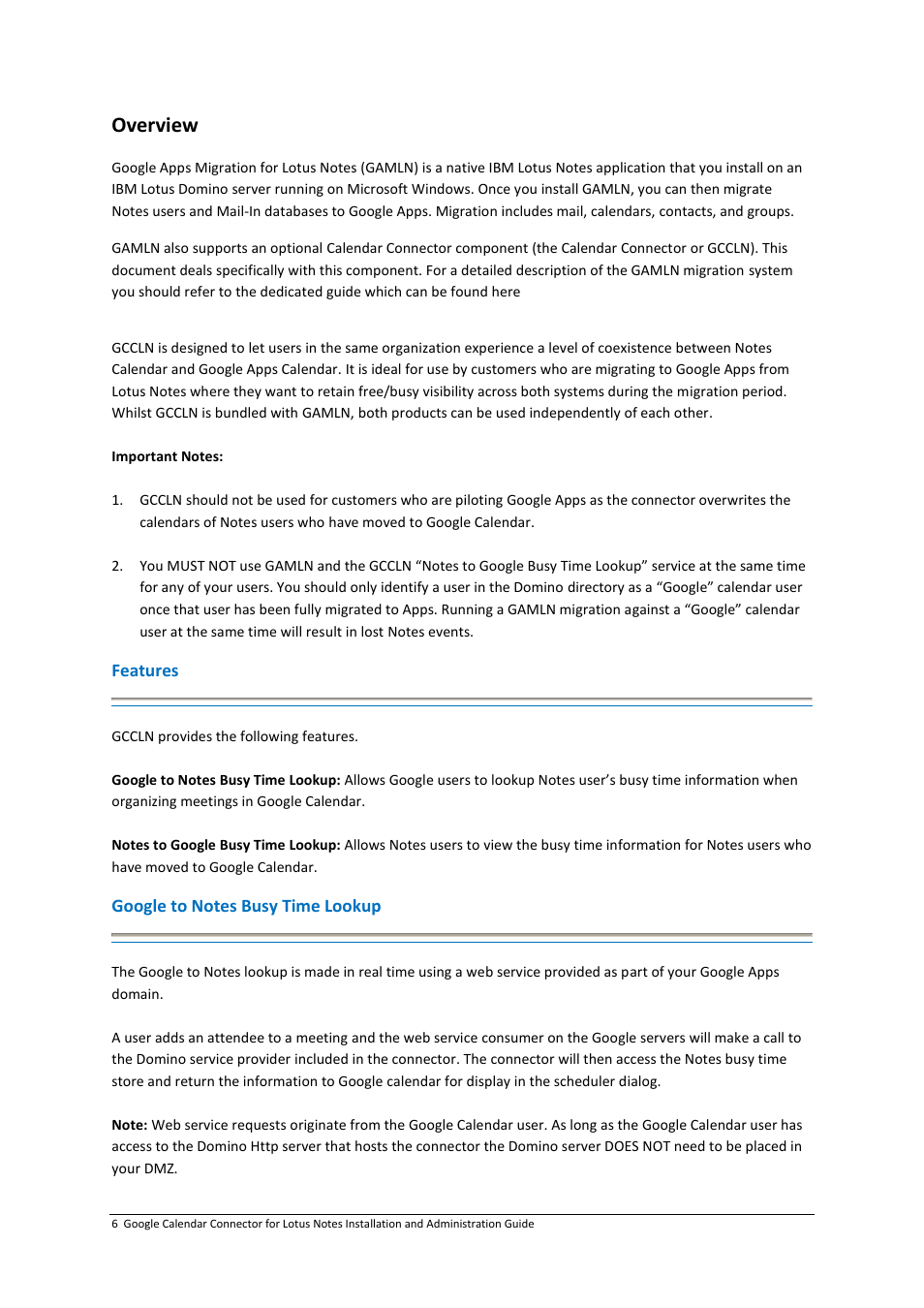 Overview, Features, Google to notes busy time lookup | Google Calendar Connector for Lotus Notes Installation & Administration Guide User Manual | Page 6 / 33
