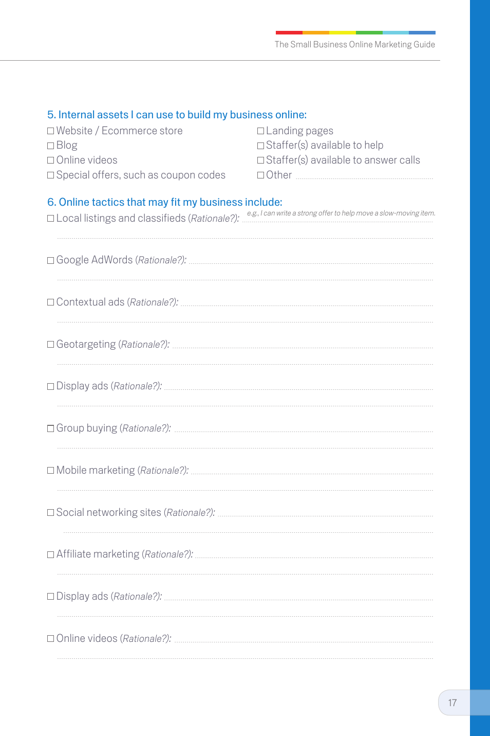 Google adwords, Contextual ads, Geotargeting | Display ads, Group buying, Mobile marketing, S ocial networking sites, Affiliate marketing, Online videos | Google Small Business Online Marketing Guide User Manual | Page 17 / 20