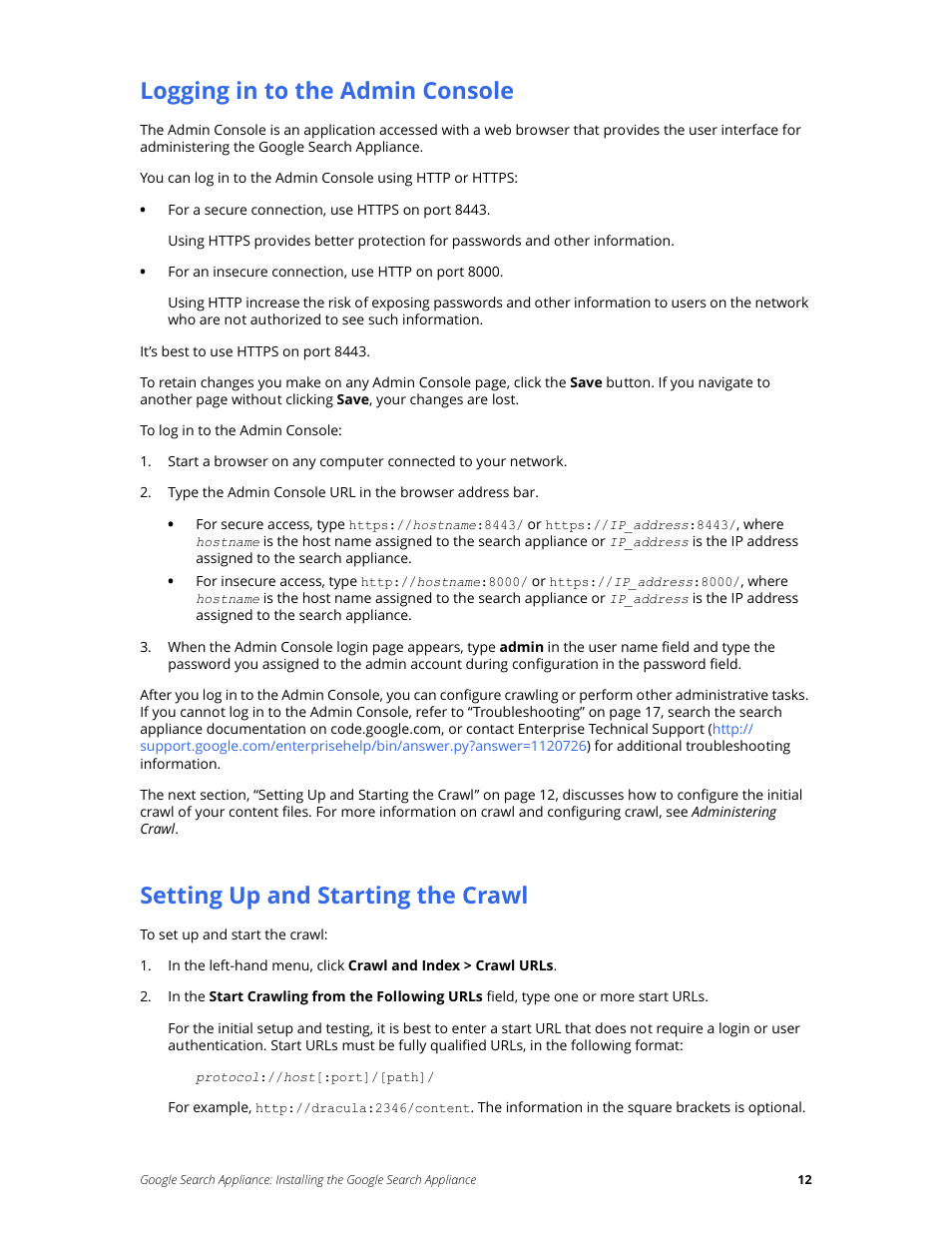 Logging in to the admin console, Setting up and starting the crawl | Google Search Appliance Installing the Google Search Appliance User Manual | Page 12 / 24