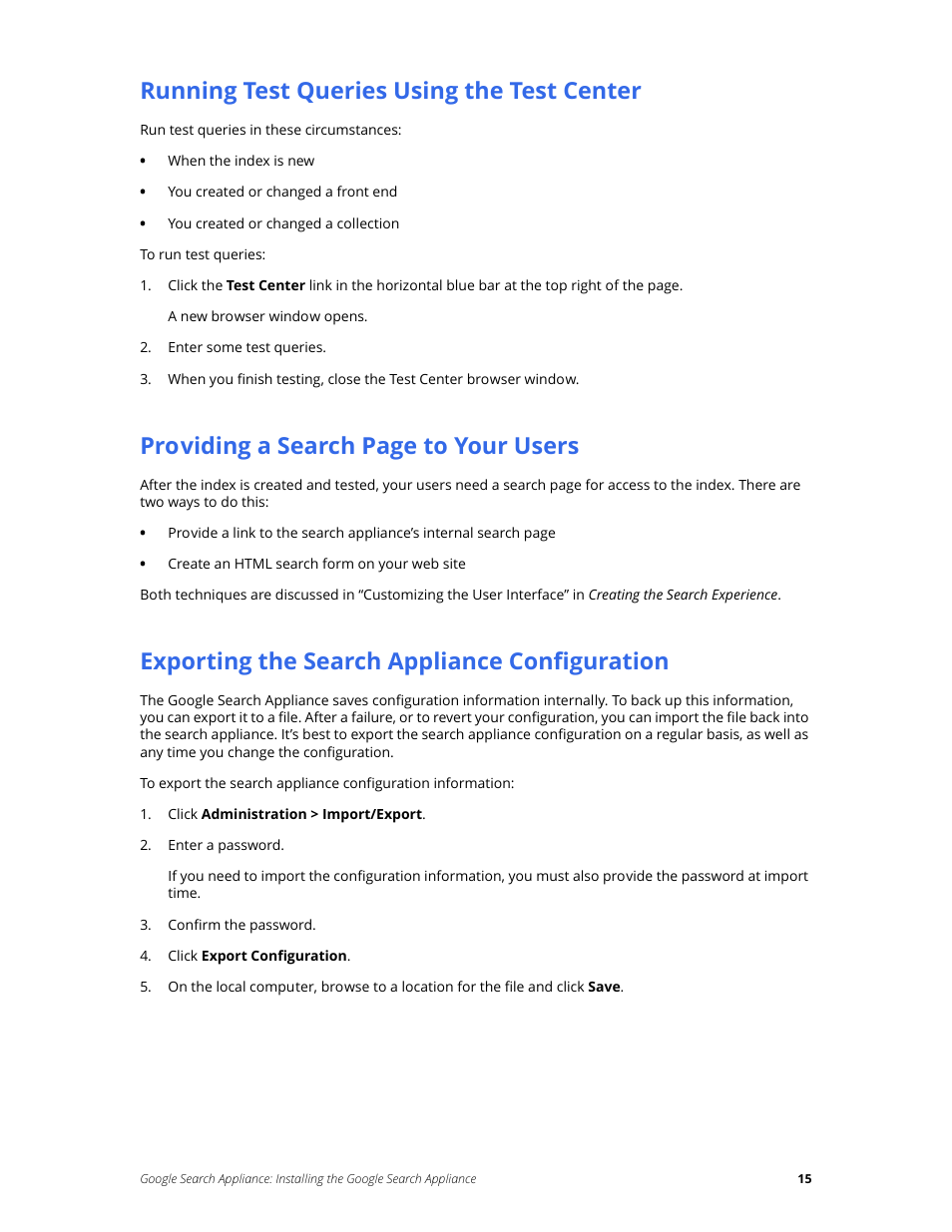 Running test queries using the test center, Exporting the search appliance configuration, Providing a search page to your users | Google Search Appliance Installing the Google Search Appliance User Manual | Page 15 / 24