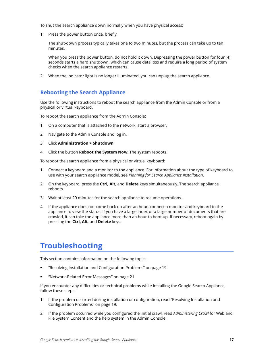 Rebooting the search appliance, Troubleshooting | Google Search Appliance Installing the Google Search Appliance User Manual | Page 17 / 24