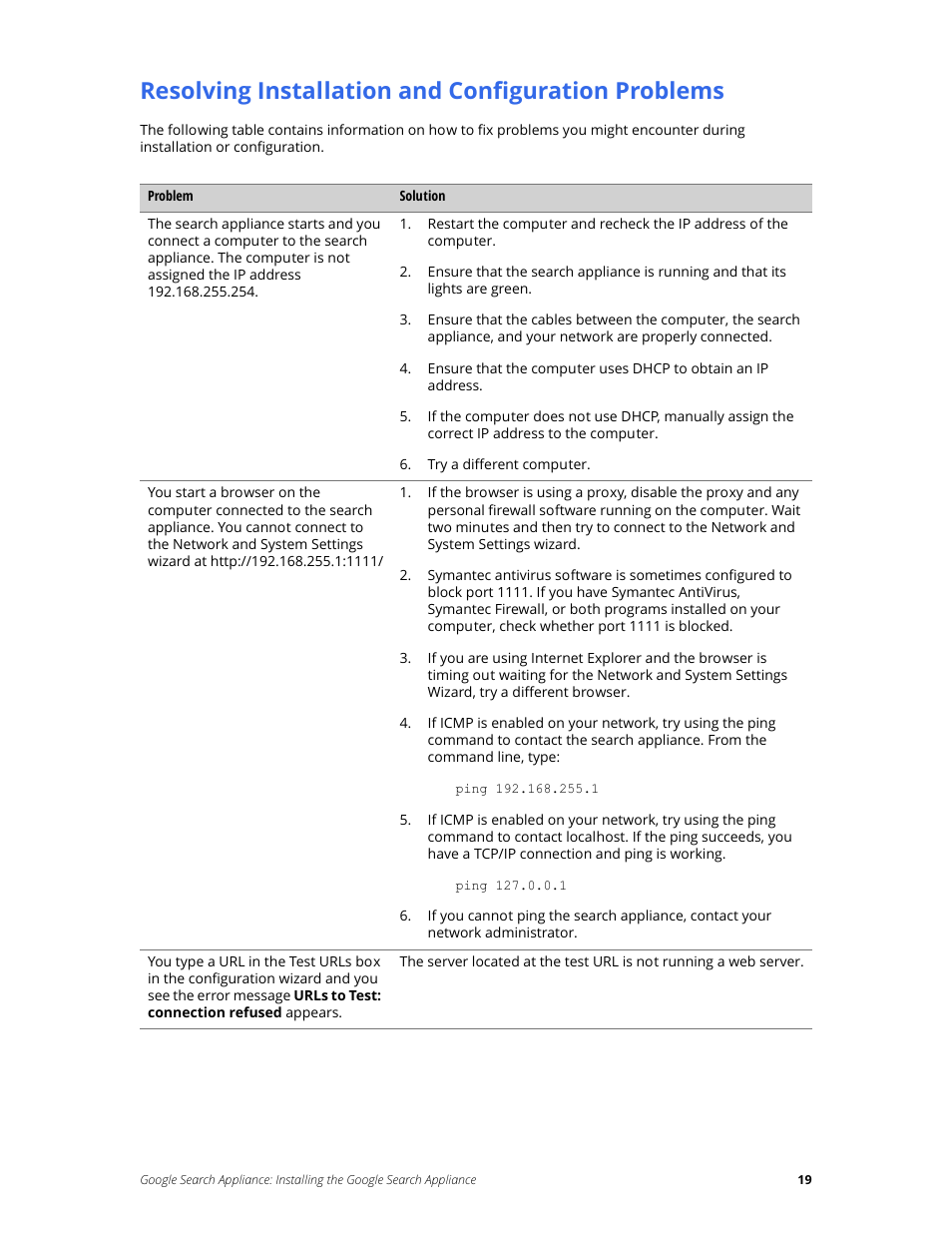 Resolving installation and configuration problems | Google Search Appliance Installing the Google Search Appliance User Manual | Page 19 / 24