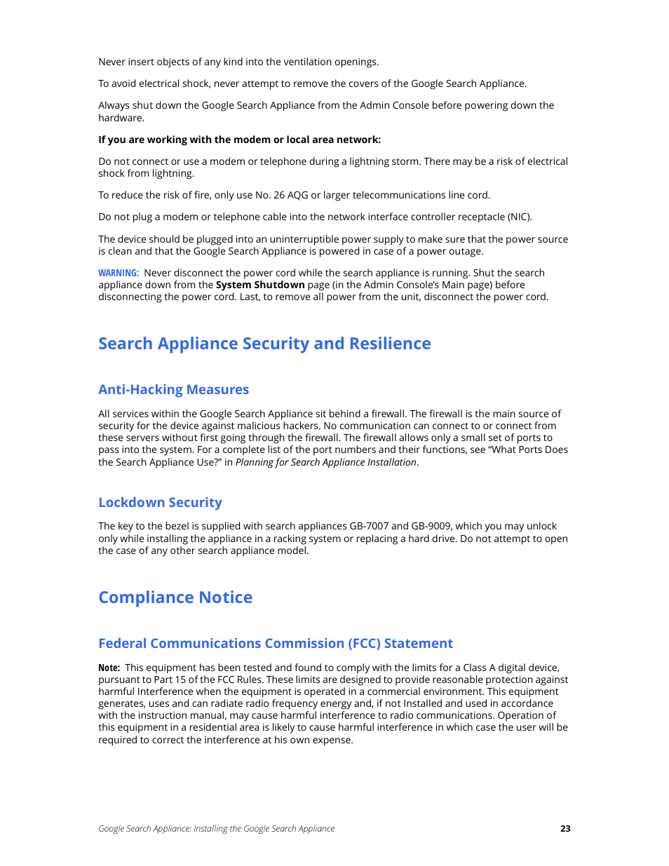 Search appliance security and resilience, Anti-hacking measures, Lockdown security | Compliance notice, Federal communications commission (fcc) statement | Google Search Appliance Installing the Google Search Appliance User Manual | Page 23 / 24