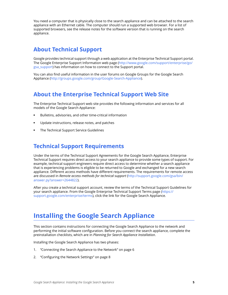 About technical support, About the enterprise technical support web site, Technical support requirements | Installing the google search appliance | Google Search Appliance Installing the Google Search Appliance User Manual | Page 5 / 24