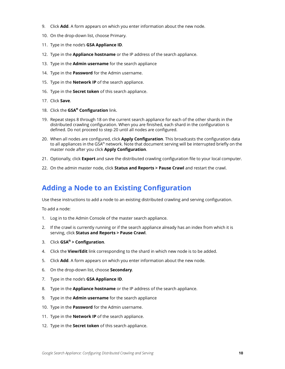 Adding a node to an existing configuration | Google Search Appliance Configuring Distributed Crawling and Serving version 6.14 and later User Manual | Page 10 / 14