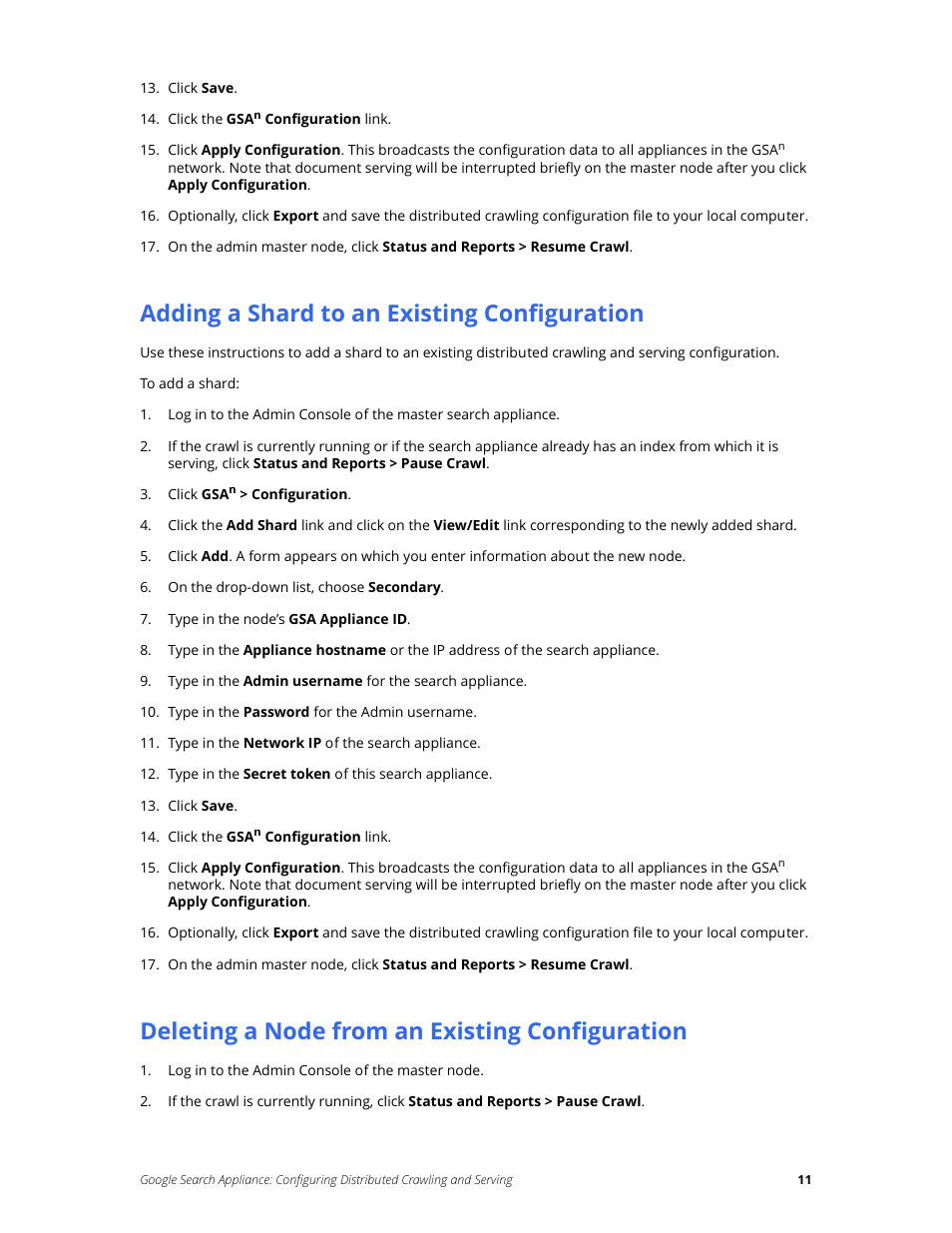 Adding a shard to an existing configuration, Deleting a node from an existing configuration | Google Search Appliance Configuring Distributed Crawling and Serving version 6.14 and later User Manual | Page 11 / 14