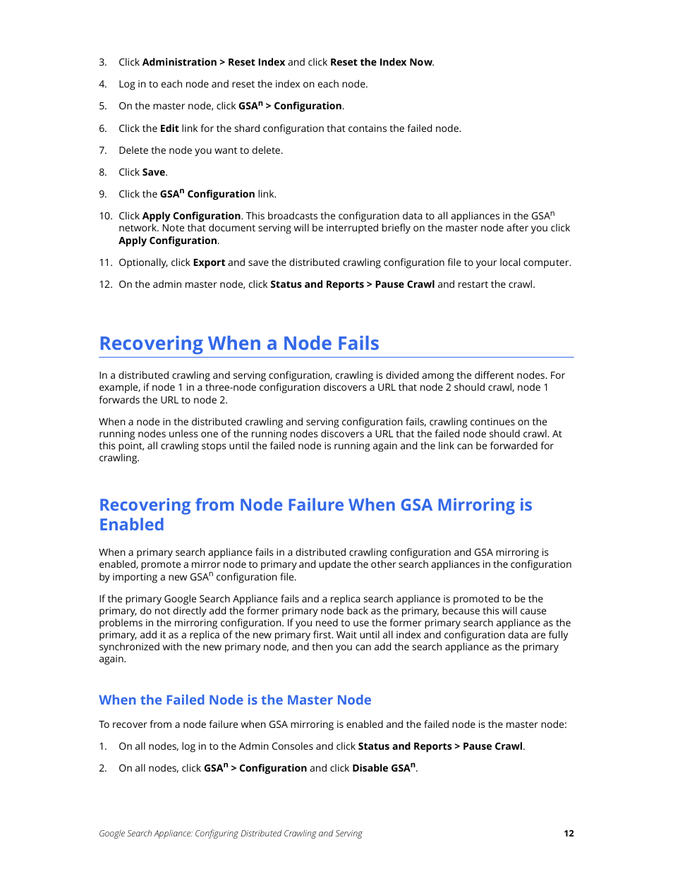 Recovering when a node fails, When the failed node is the master node | Google Search Appliance Configuring Distributed Crawling and Serving version 6.14 and later User Manual | Page 12 / 14