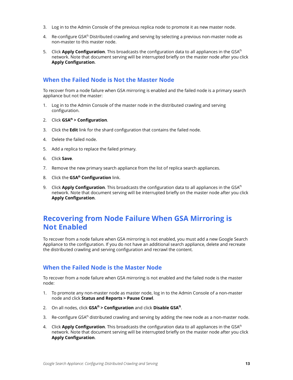 When the failed node is not the master node, When the failed node is the master node | Google Search Appliance Configuring Distributed Crawling and Serving version 6.14 and later User Manual | Page 13 / 14