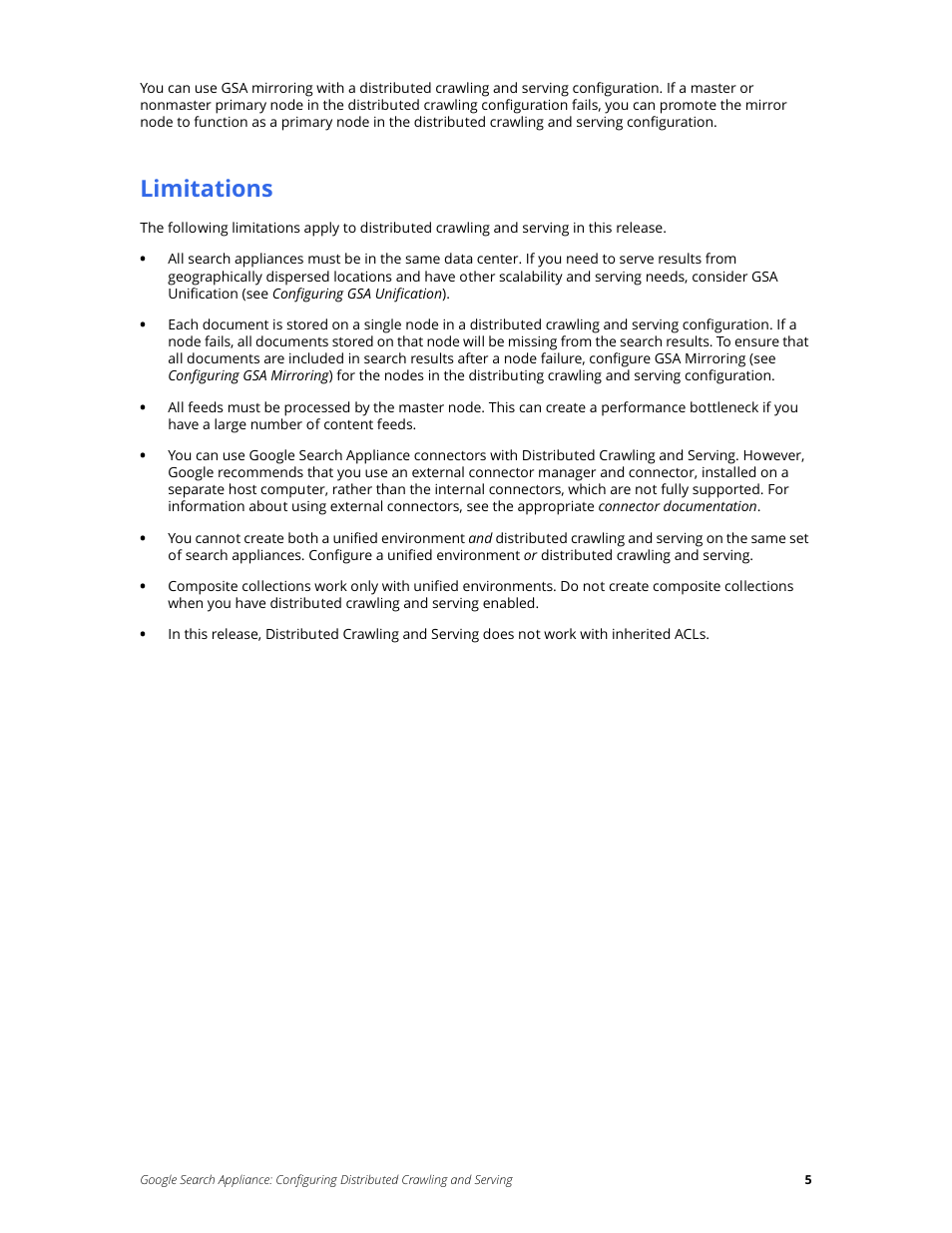 Limitations | Google Search Appliance Configuring Distributed Crawling and Serving version 6.14 and later User Manual | Page 5 / 14