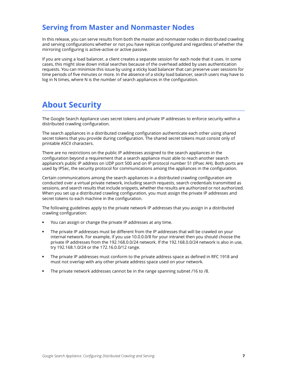 Serving from master and nonmaster nodes, About security | Google Search Appliance Configuring Distributed Crawling and Serving version 6.14 and later User Manual | Page 7 / 14