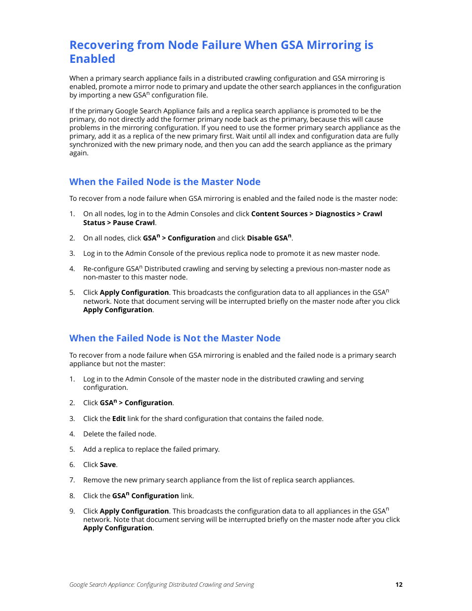 When the failed node is the master node, When the failed node is not the master node | Google Search Appliance Configuring Distributed Crawling and Serving version 7.2 User Manual | Page 12 / 13