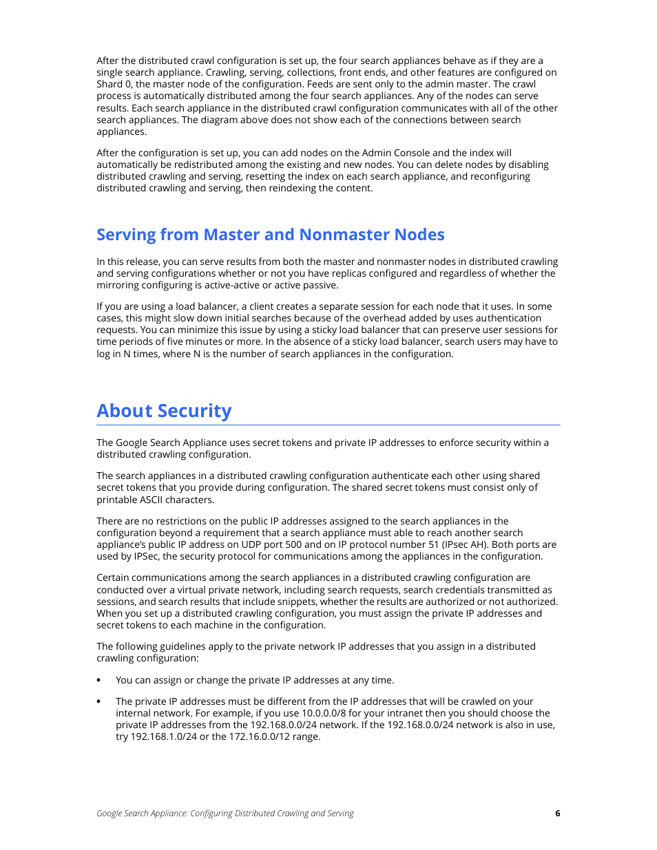 Serving from master and nonmaster nodes, About security | Google Search Appliance Configuring Distributed Crawling and Serving version 7.2 User Manual | Page 6 / 13