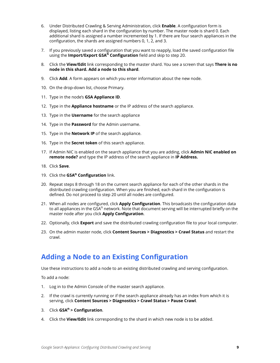 Adding a node to an existing configuration | Google Search Appliance Configuring Distributed Crawling and Serving version 7.2 User Manual | Page 9 / 13