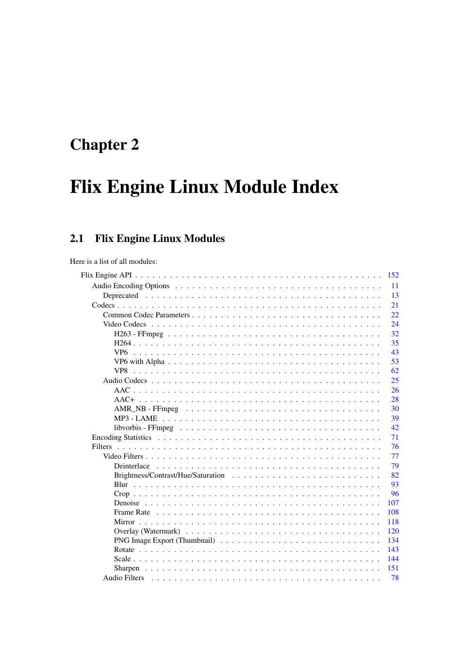 Flix engine linux module index, Flix engine linux modules, Chapter 2 | 1 flix engine linux modules | Google Flix Engine Linux Reference Manual User Manual | Page 11 / 545