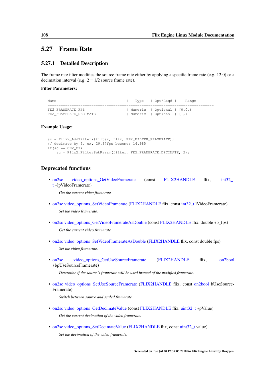 Frame rate, 27 frame rate, Framerate | 1 detailed description, Deprecated functions | Google Flix Engine Linux Reference Manual User Manual | Page 114 / 545