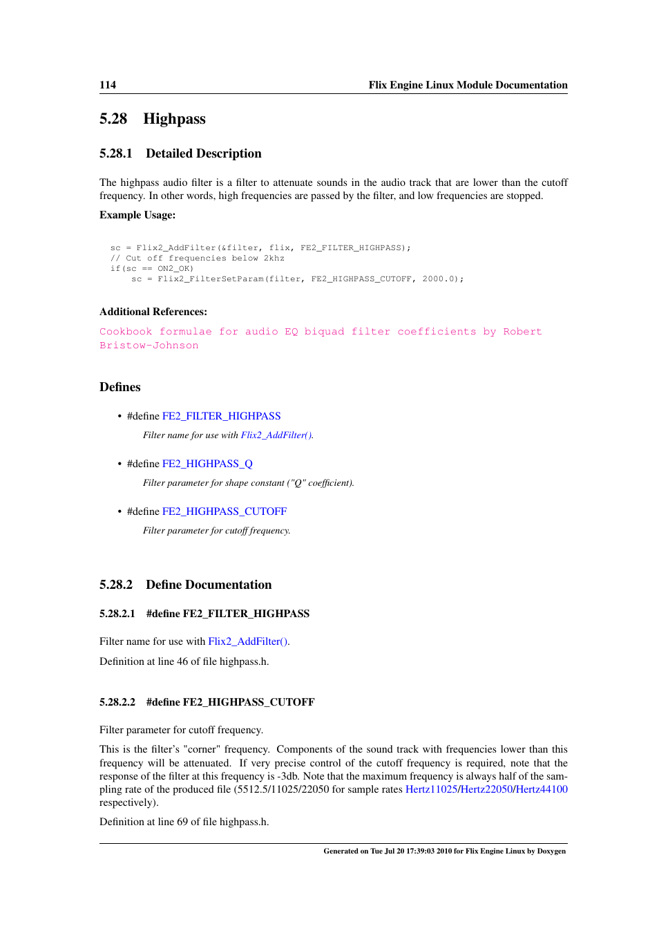 Highpass, 28 highpass, 1 detailed description | Defines, 2 define documentation | Google Flix Engine Linux Reference Manual User Manual | Page 120 / 545