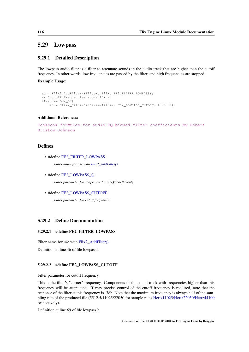 Lowpass, 29 lowpass, 1 detailed description | Defines, 2 define documentation | Google Flix Engine Linux Reference Manual User Manual | Page 122 / 545