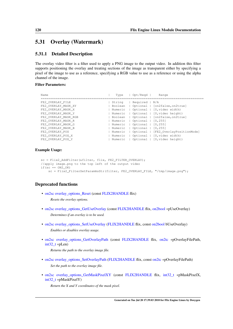 Overlay (watermark), 31 overlay (watermark), Overlay | 1 detailed description, Deprecated functions | Google Flix Engine Linux Reference Manual User Manual | Page 126 / 545