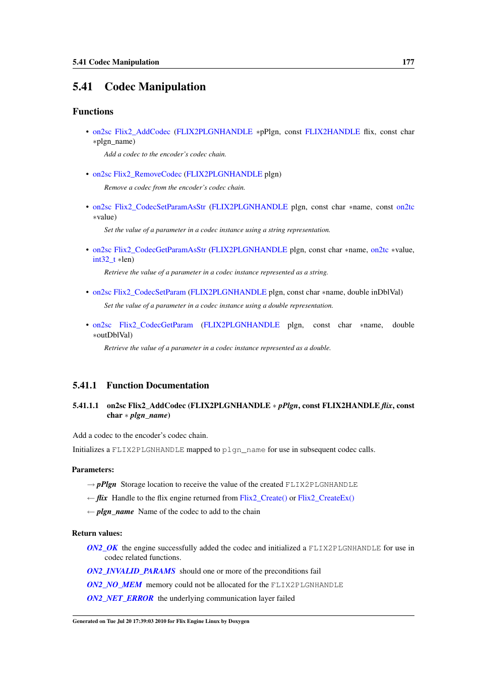 Codec manipulation, 41 codec manipulation, Codec interface | Codec, Flix2_addcodec(), Functions, 1 function documentation | Google Flix Engine Linux Reference Manual User Manual | Page 183 / 545