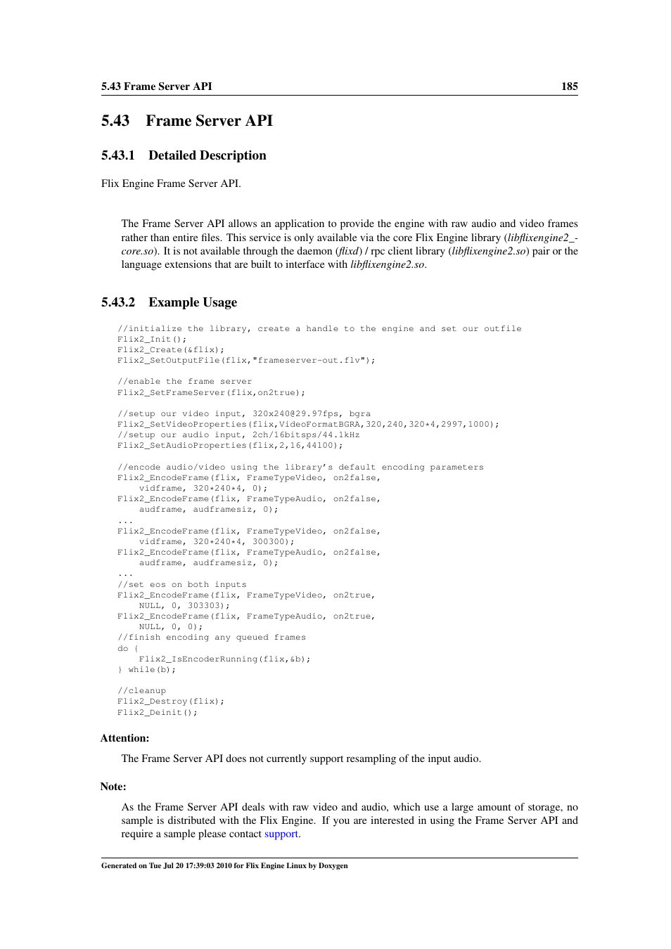 Frame server api, 43 frame server api, 1 detailed description | 2 example usage | Google Flix Engine Linux Reference Manual User Manual | Page 191 / 545