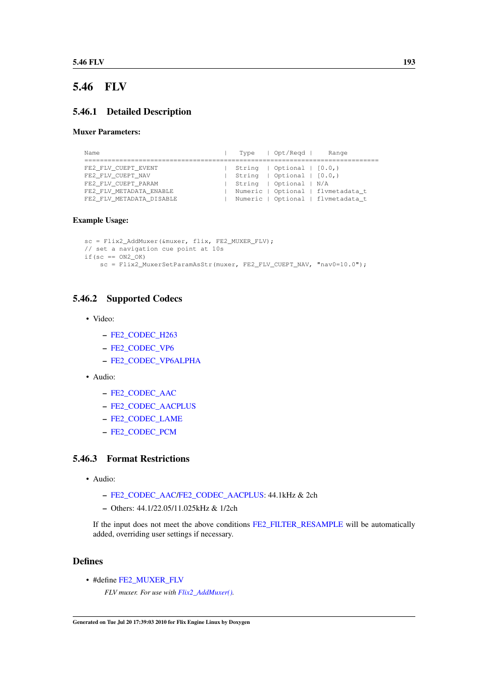 46 flv, Flv muxer, 1 detailed description | 2 supported codecs, 3 format restrictions, Defines | Google Flix Engine Linux Reference Manual User Manual | Page 199 / 545