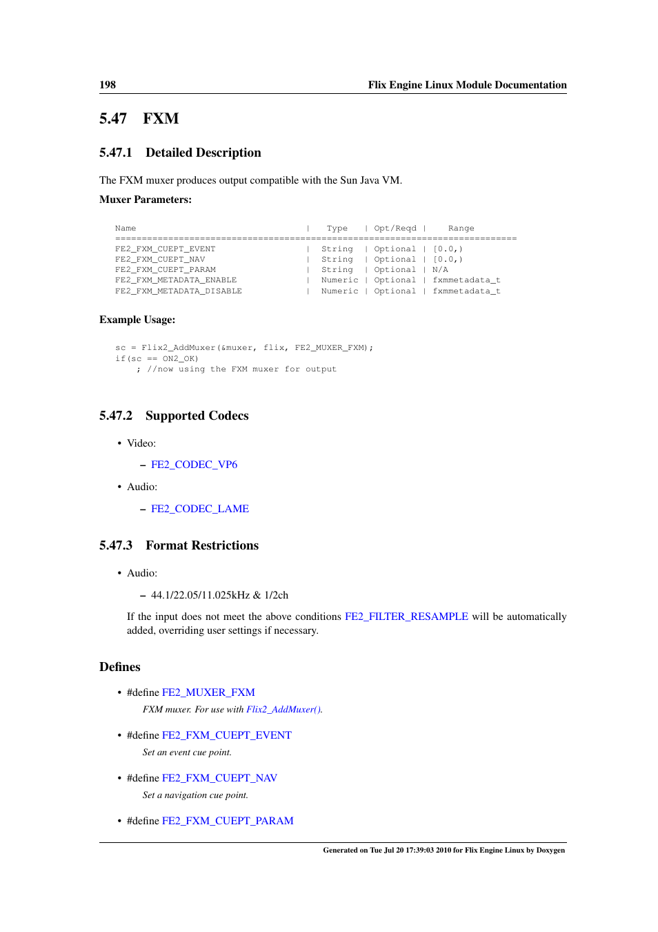 47 fxm, Fxm muxer, 1 detailed description | 2 supported codecs, 3 format restrictions, Defines | Google Flix Engine Linux Reference Manual User Manual | Page 204 / 545