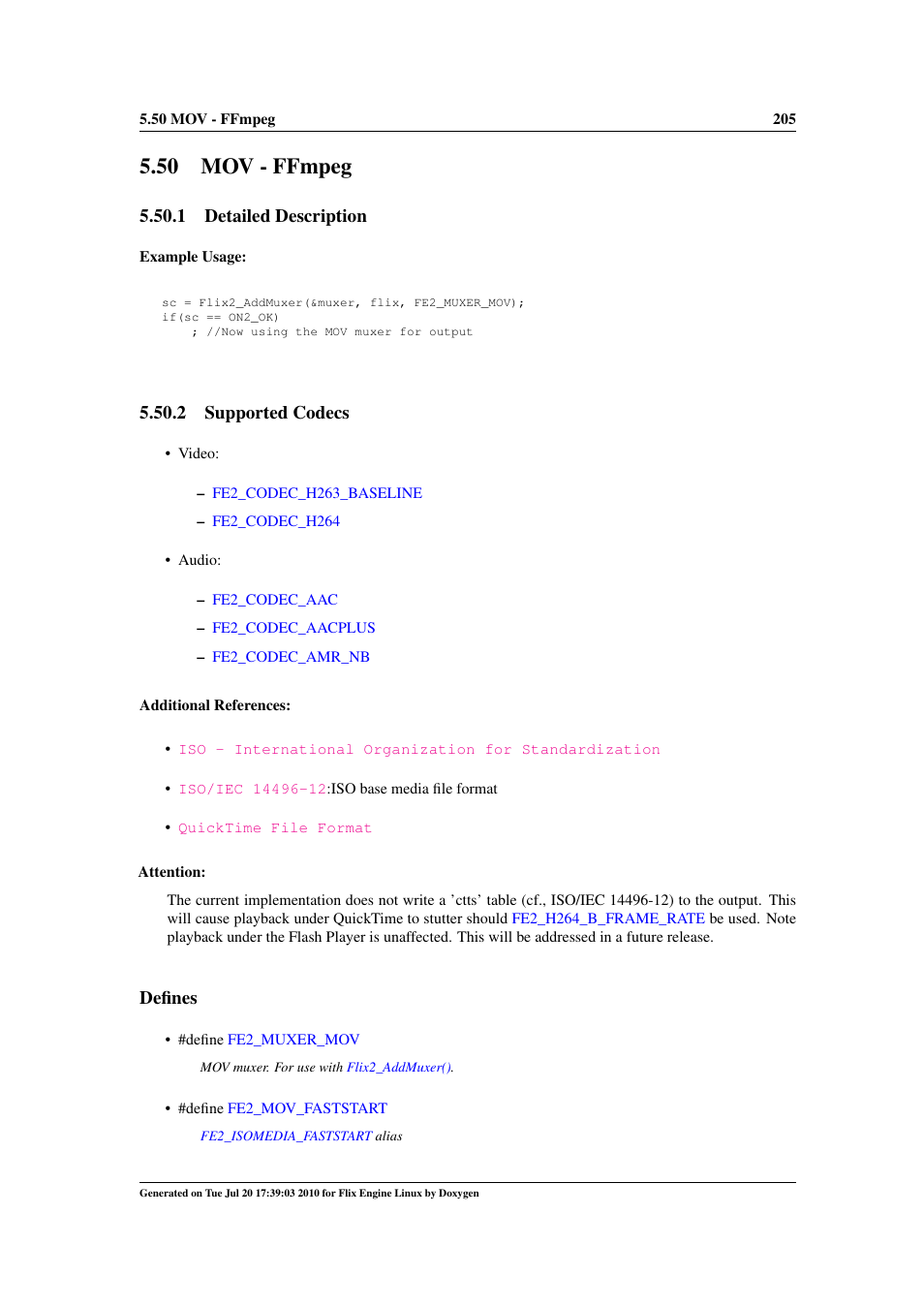 Mov - ffmpeg, 50 mov - ffmpeg, Muxer | 1 detailed description, 2 supported codecs, Defines | Google Flix Engine Linux Reference Manual User Manual | Page 211 / 545
