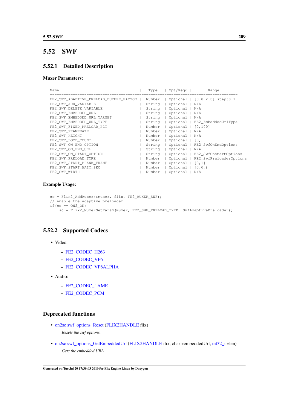 52 swf, Swf muxer, 1 detailed description | 2 supported codecs, Deprecated functions | Google Flix Engine Linux Reference Manual User Manual | Page 215 / 545