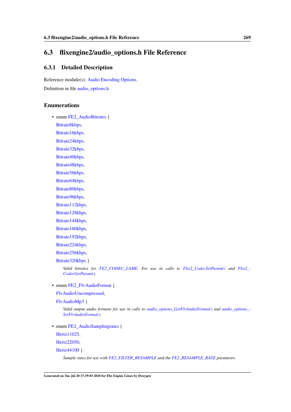 Flixengine2/audio_options.h file reference, Engine2, Audio_options.h | 3 flixengine2/audio_options.h file reference, 1 detailed description, Enumerations | Google Flix Engine Linux Reference Manual User Manual | Page 275 / 545