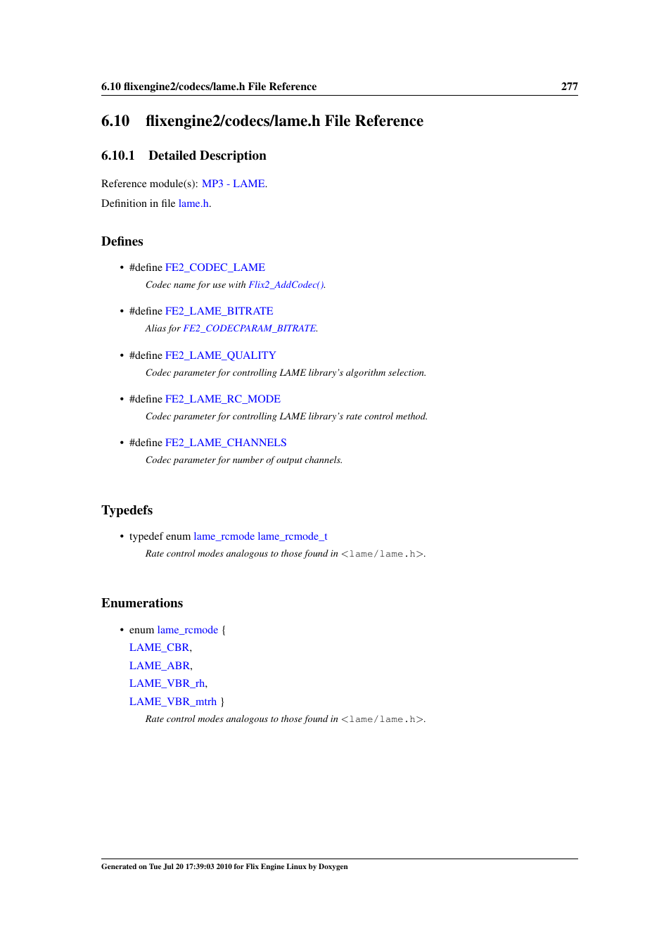 Flixengine2/codecs/lame.h file reference, 10 flixengine2/codecs/lame.h file reference, Engine2/codecs | Lame.h, 1 detailed description, Defines, Typedefs, Enumerations | Google Flix Engine Linux Reference Manual User Manual | Page 283 / 545