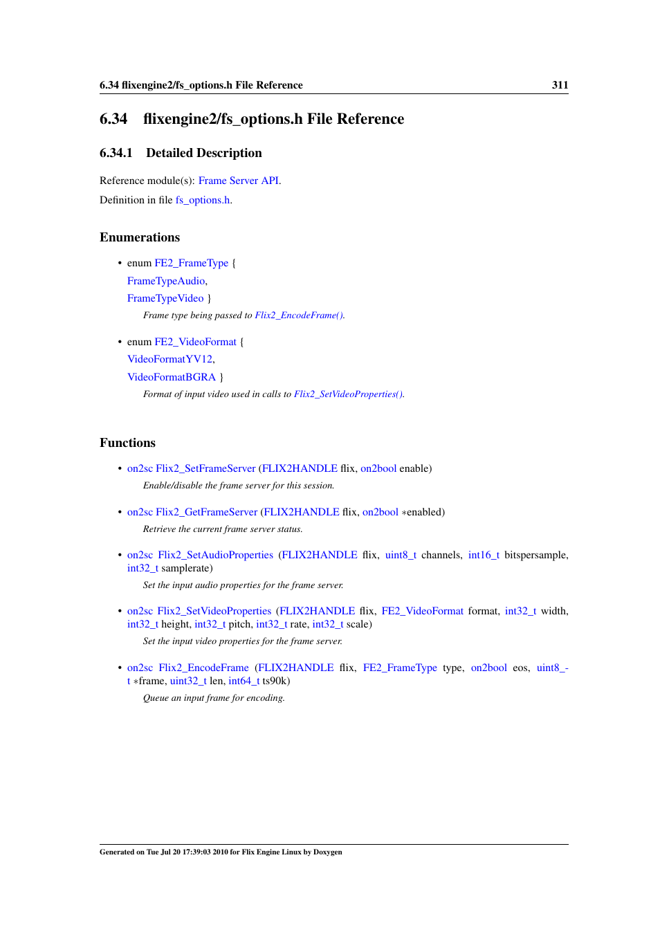 Flixengine2/fs_options.h file reference, 34 flixengine2/fs_options.h file reference, Engine2 | Fs_options.h, 1 detailed description, Enumerations, Functions | Google Flix Engine Linux Reference Manual User Manual | Page 317 / 545