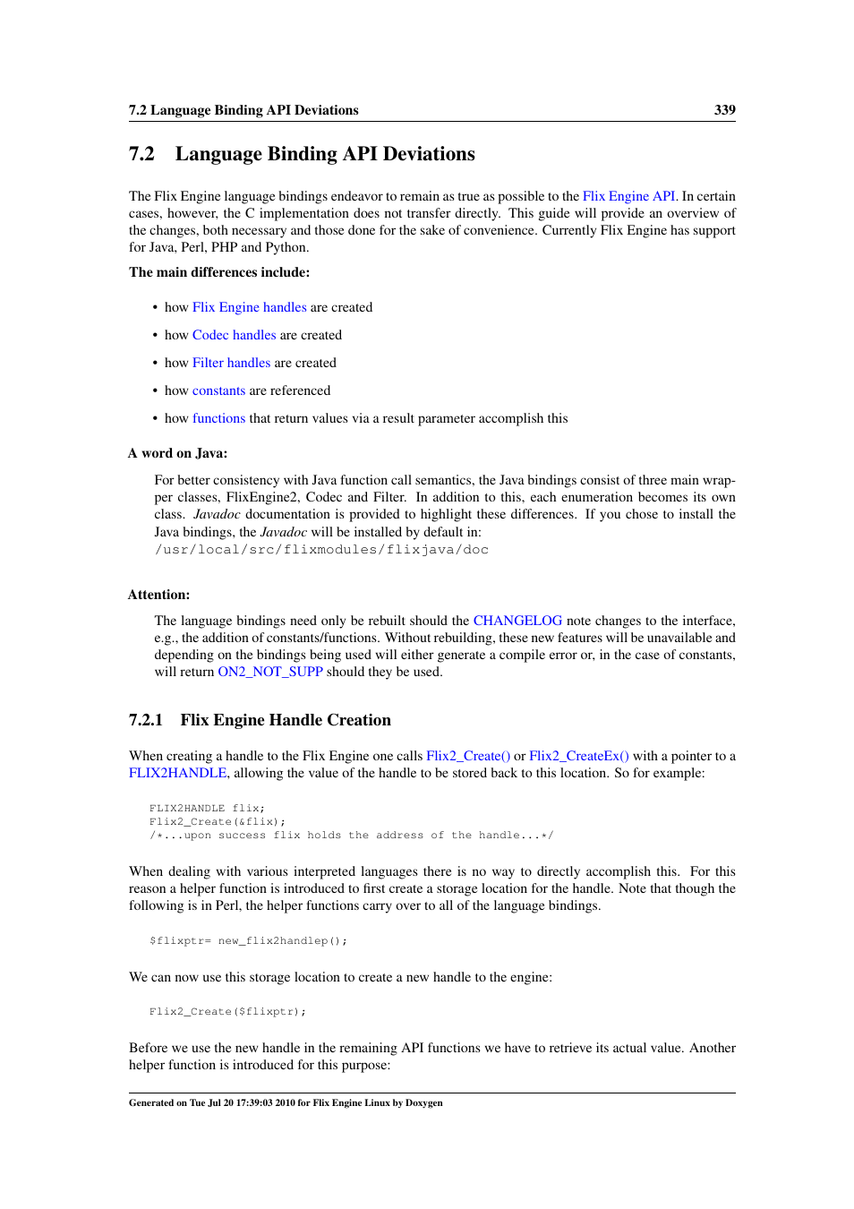 Language binding api deviations, Differences, 2 language binding api deviations | 1 flix engine handle creation | Google Flix Engine Linux Reference Manual User Manual | Page 345 / 545