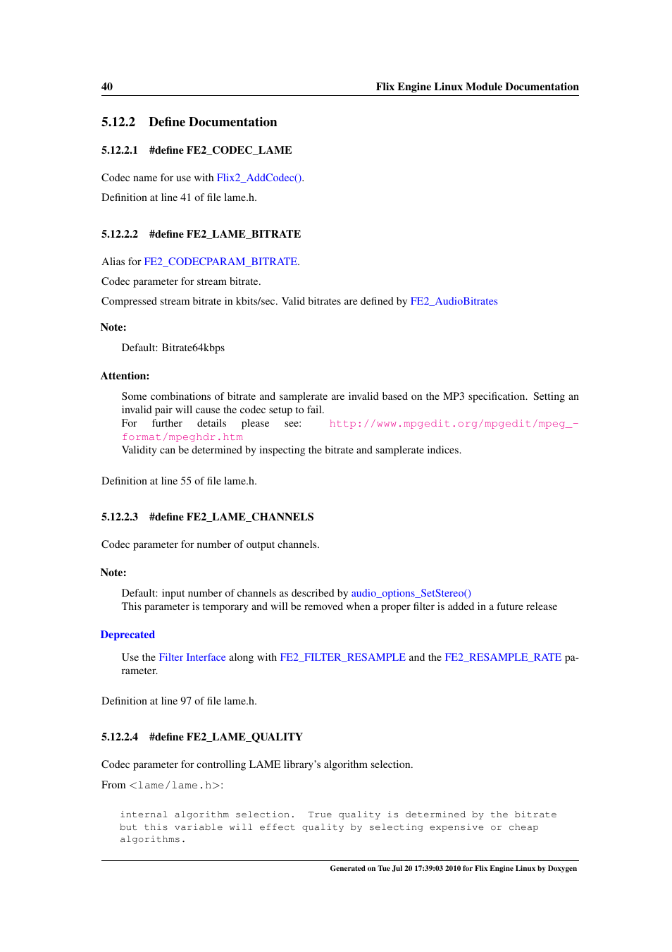 Fe2_lame_channels, Fe2_codec_lame, Fe2_lame_bitrate | Fe2_lame_quality, 2 define documentation | Google Flix Engine Linux Reference Manual User Manual | Page 46 / 545