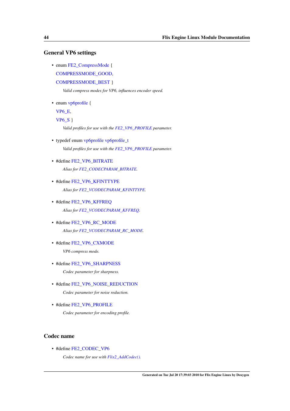 General vp6 settings, Codec name | Google Flix Engine Linux Reference Manual User Manual | Page 50 / 545
