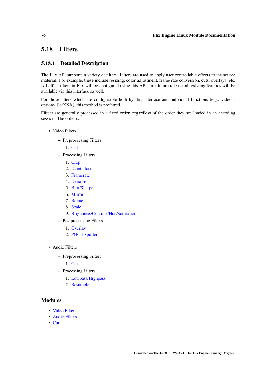 Filters, 18 filters, 1 detailed description | Modules | Google Flix Engine Linux Reference Manual User Manual | Page 82 / 545