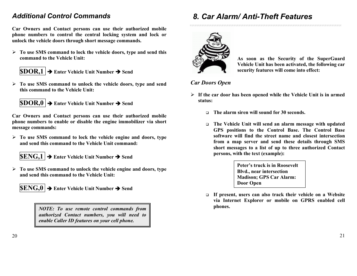 Car alarm/ anti-theft features, Additional control commands, Dor,1 | Dor,0, Eng,1, Eng,0 | APM SG-VT02 QB User Manual | Page 11 / 16