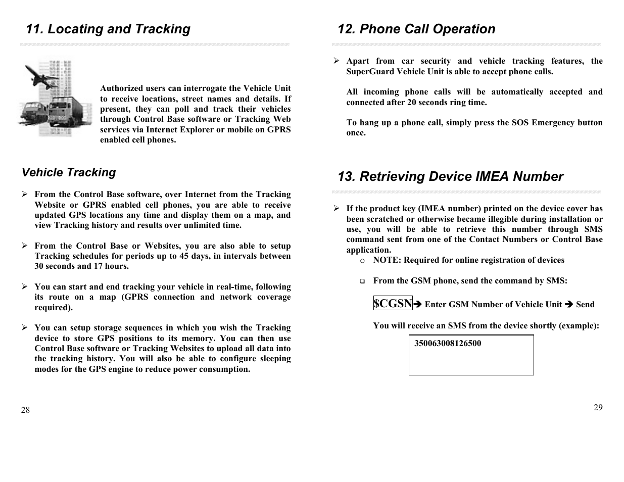 Locating and tracking, Phone call operation, Retrieving device imea number | Vehicle tracking, Cgsn | APM SG-VT02 QB User Manual | Page 15 / 16