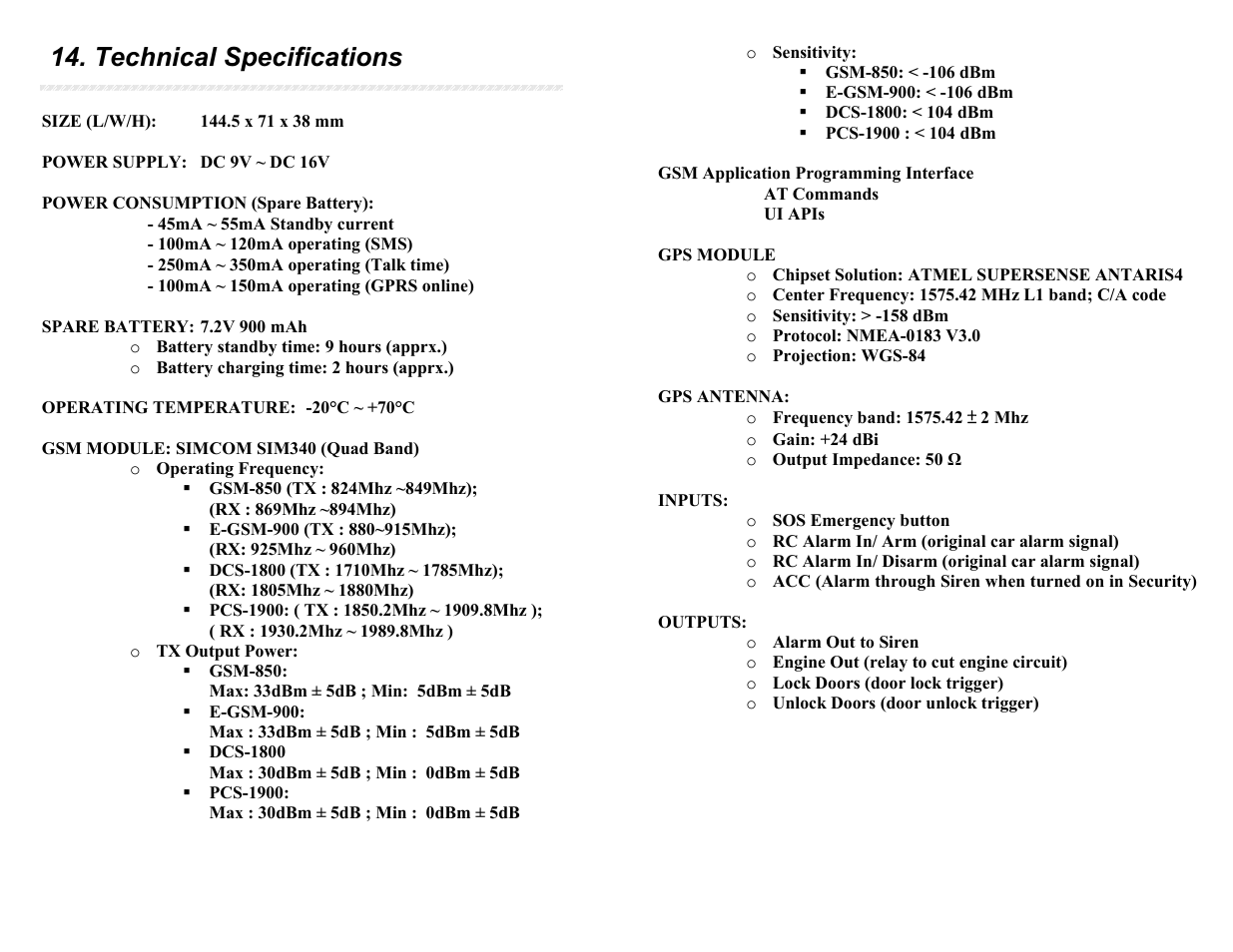 Technical specifications | APM SG-VT02 QB User Manual | Page 16 / 16