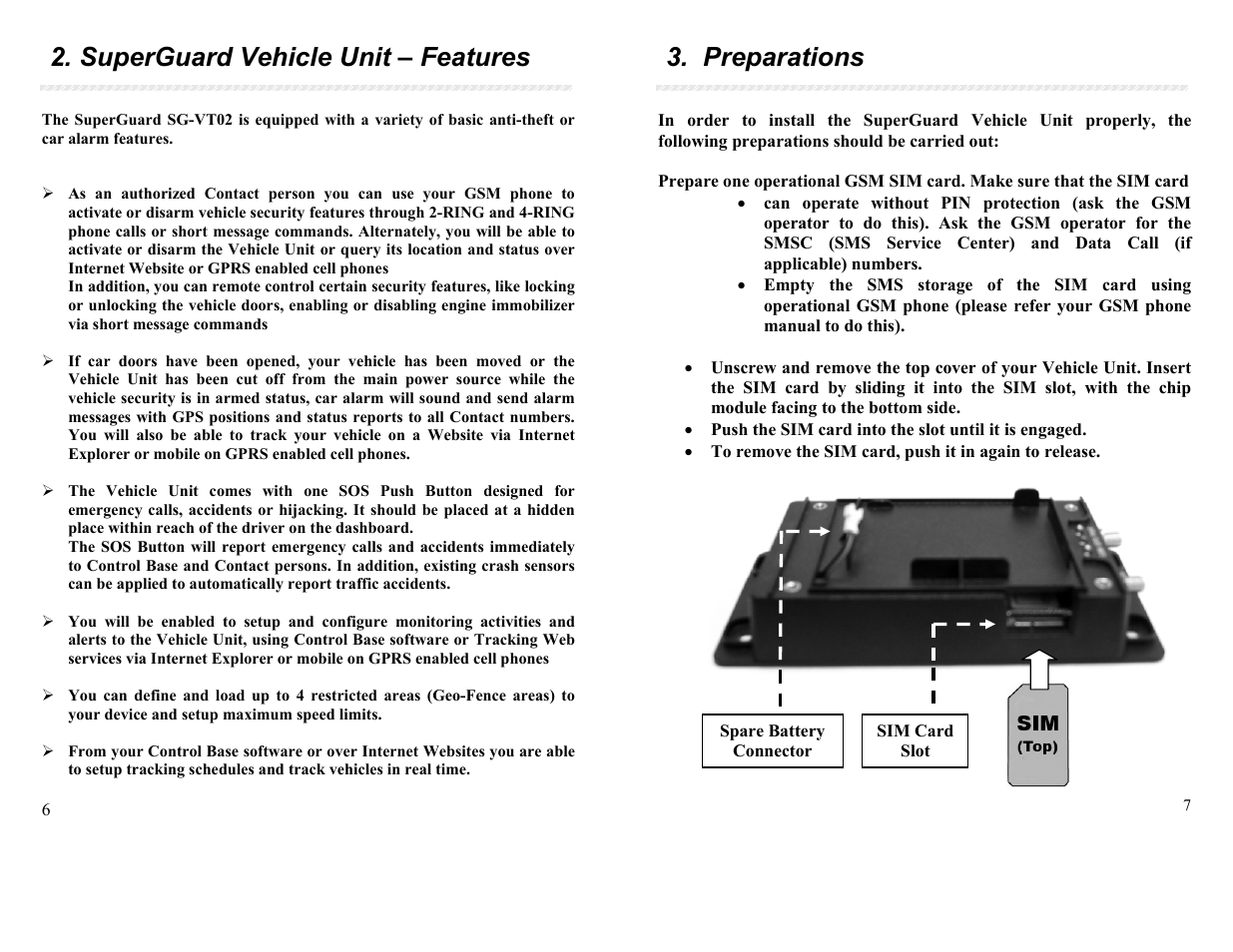 Superguard vehicle unit – features, Preparations | APM SG-VT02 QB User Manual | Page 4 / 16