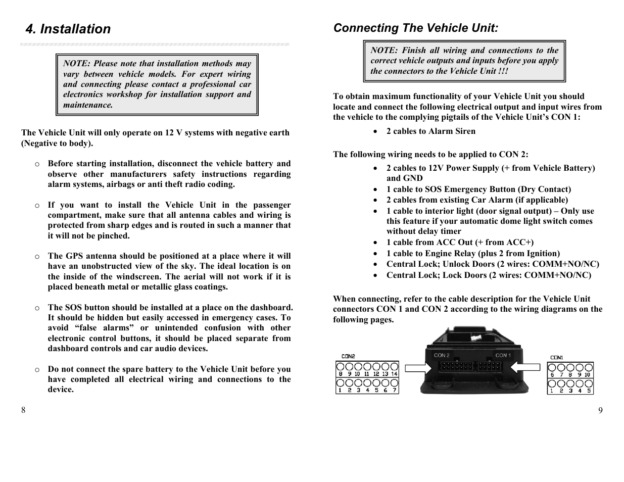 Installation, Connecting the vehicle unit | APM SG-VT02 QB User Manual | Page 5 / 16