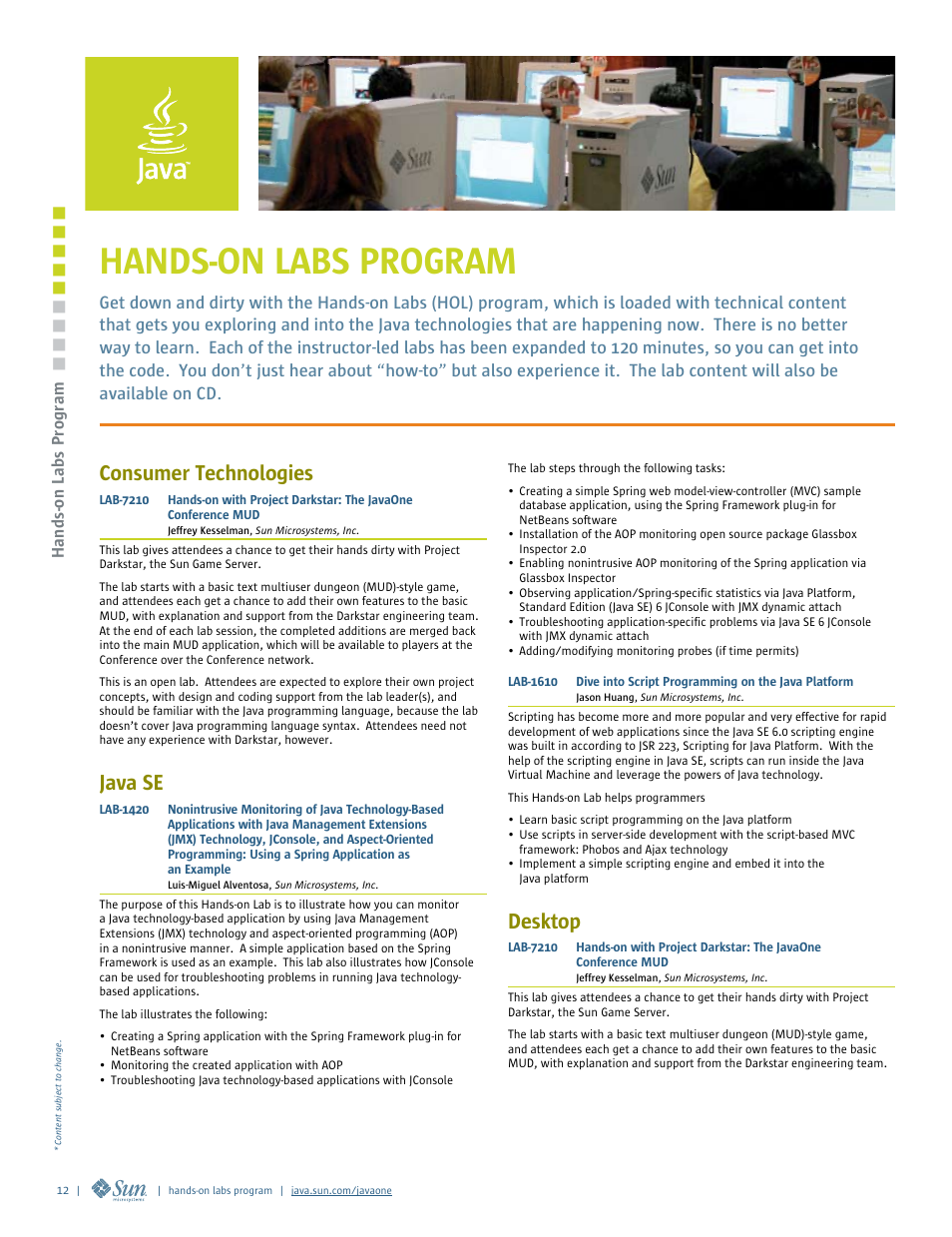 Hands-on labs program, Consumer technologies, Java se | Desktop | Google 2007 JavaOne Advance Conference Guide User Manual | Page 14 / 68