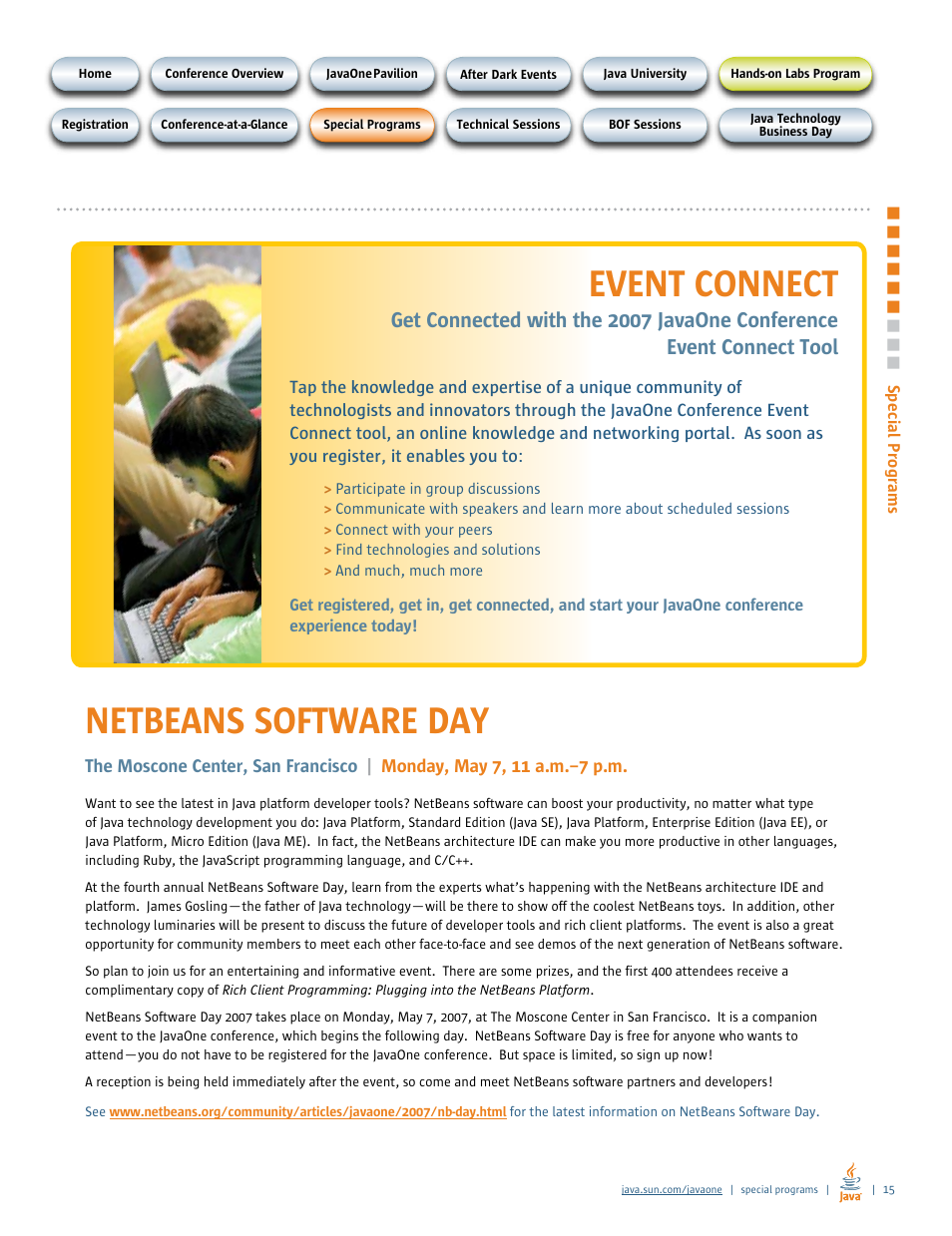 Special programs, Event connect, Netbeans software day | Google 2007 JavaOne Advance Conference Guide User Manual | Page 17 / 68