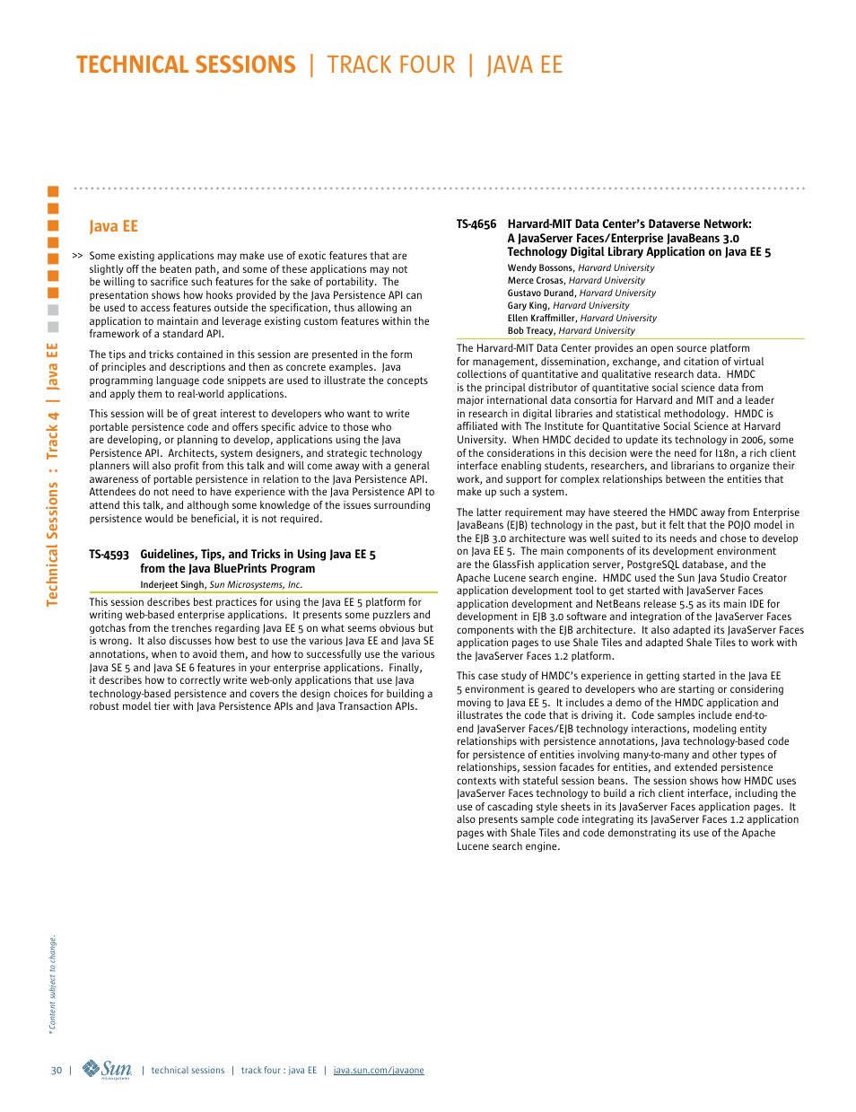 Technical sessions | track four | java ee | Google 2007 JavaOne Advance Conference Guide User Manual | Page 32 / 68
