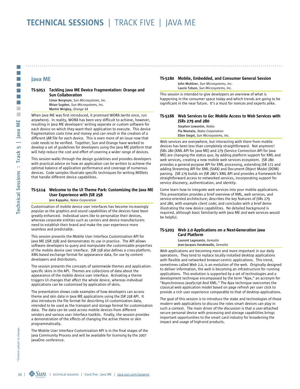 Technical sessions | track five | java me | Google 2007 JavaOne Advance Conference Guide User Manual | Page 36 / 68