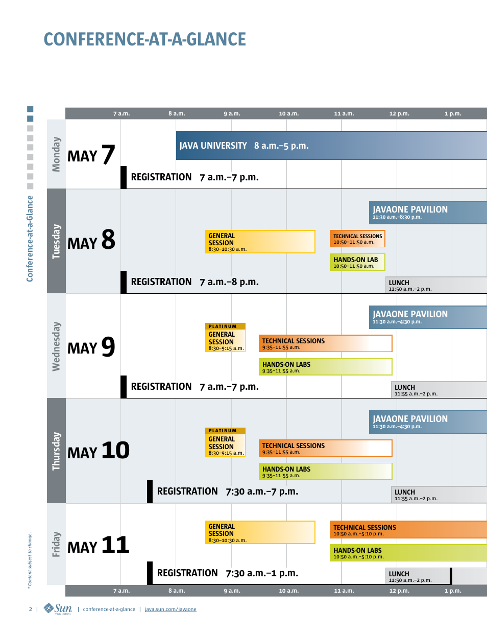 Conference-at-a-glance, Registration 7 a.m.–8 p.m, Registration 7 a.m.–7 p.m | Tuesday monday wednesday thursday friday | Google 2007 JavaOne Advance Conference Guide User Manual | Page 4 / 68