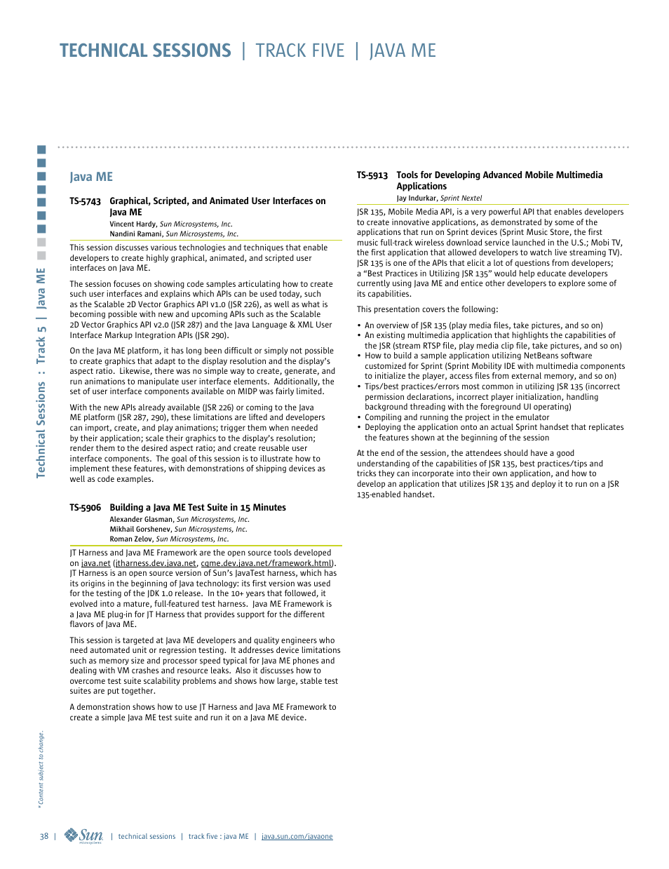Technical sessions | track five | java me | Google 2007 JavaOne Advance Conference Guide User Manual | Page 40 / 68