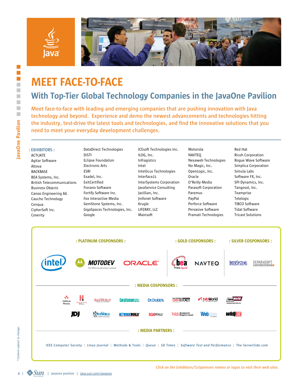 Javaone pavilion, Exhibitors and cosponsors, Javaone | Pavilion, Meet face-to-face | Google 2007 JavaOne Advance Conference Guide User Manual | Page 6 / 68